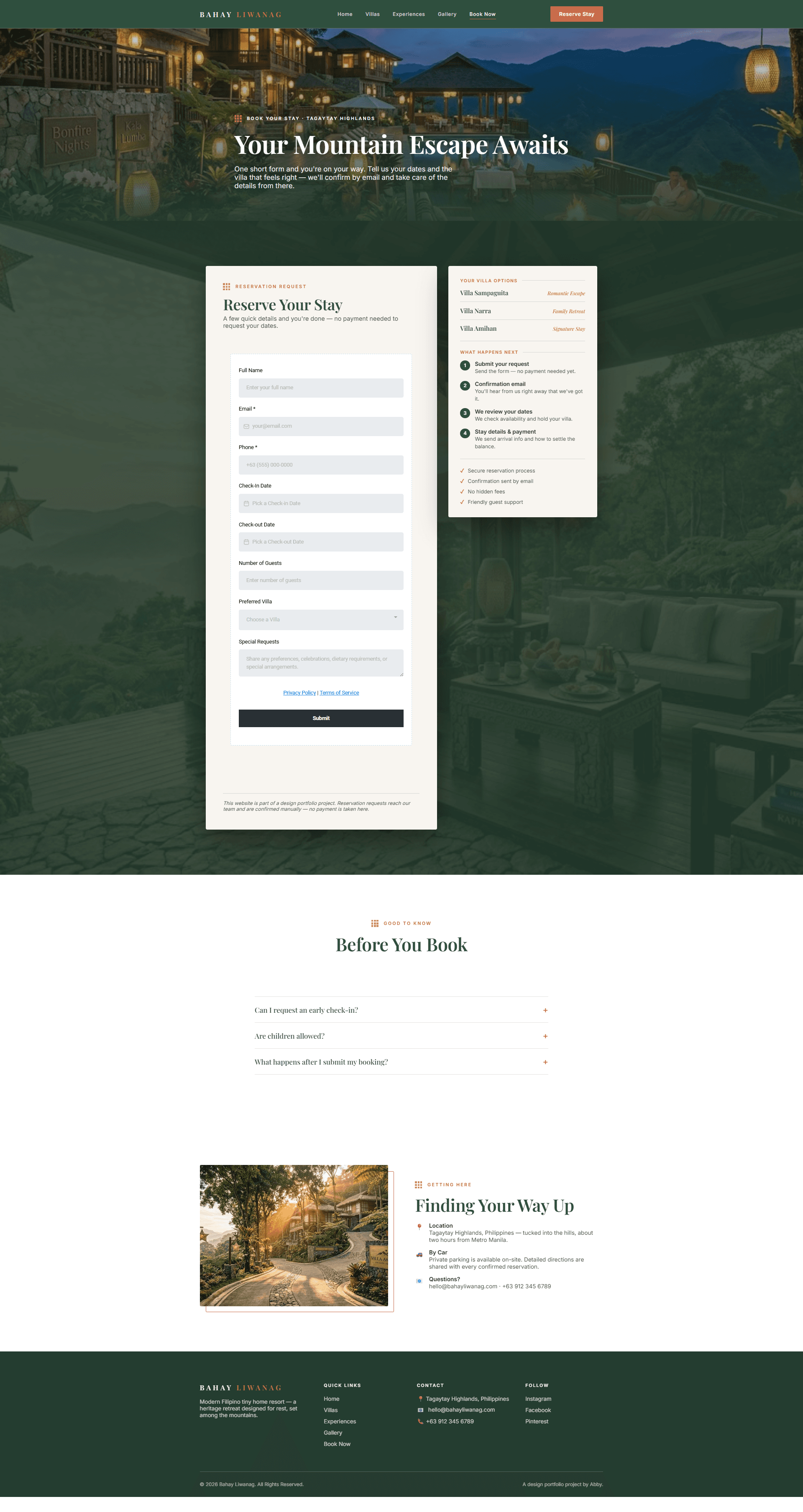 Bahay Liwanag — the booking page, where the enquiry form captures everything at once