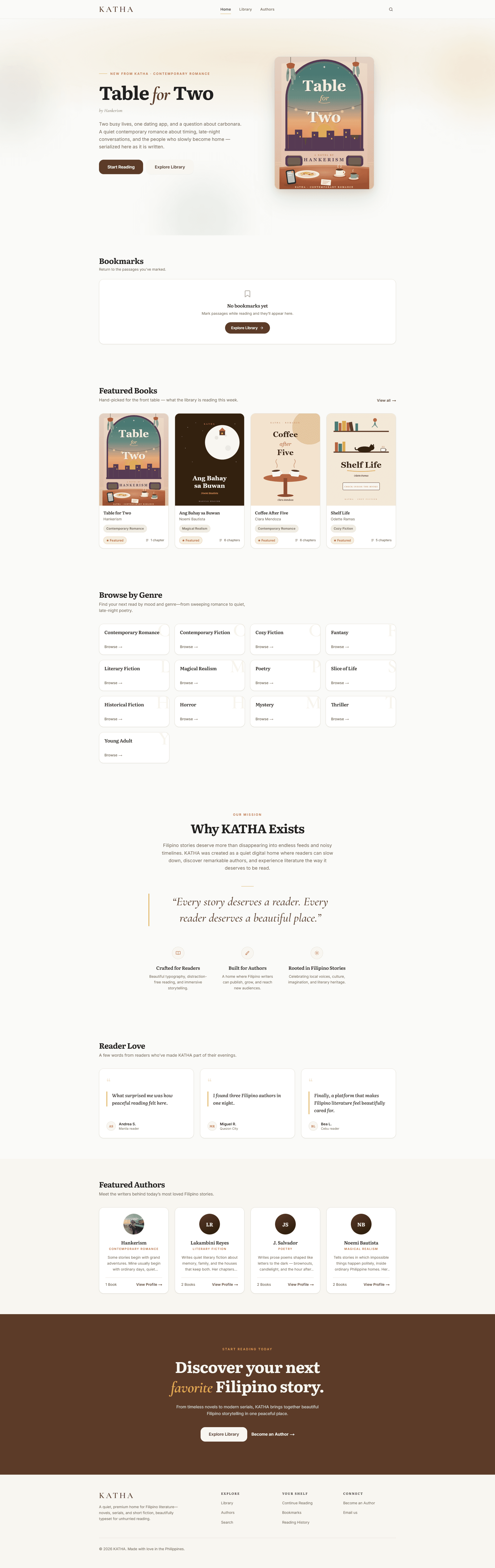The KATHA homepage — a calm, editorial reading experience with the featured novel Table for Two